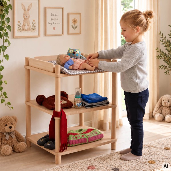 Mädchen füttert eine Babypuppe am Puppen Wickeltisch aus Holz im hellen skandinavischen Kinderzimmer