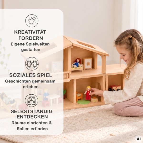 Puppenhaus aus Buchenholz fördert Kreativität, soziales Rollenspiel und selbstständiges Entdecken in einer natürlichen Spielsituation