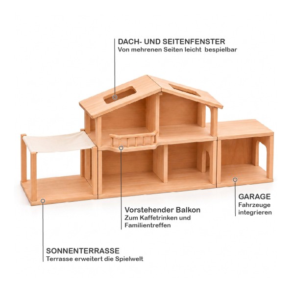 Kind spielt mit großem Puppenhaus Set mit Wintergarten und Garage aus Buchenholz in einem warmen natürlichen Kinderzimmer