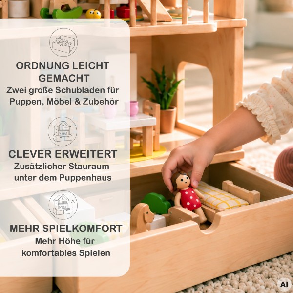 Schubladen-Set unter dem Puppenhaus bietet Stauraum für Puppen, Möbel und Spielzubehör