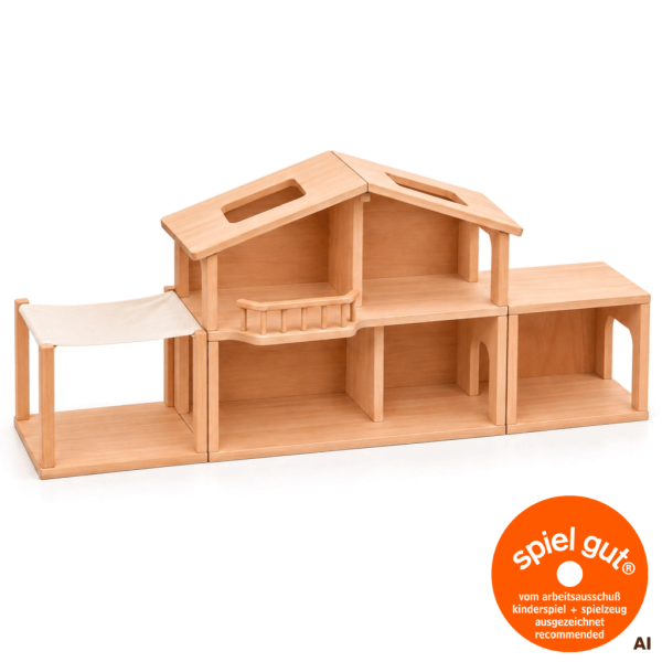 Puppenhaus Set mit Wintergarten und Garage aus Buchenholz freigestellt mit SpielGut-Auszeichnung und natürlicher Holzoptik