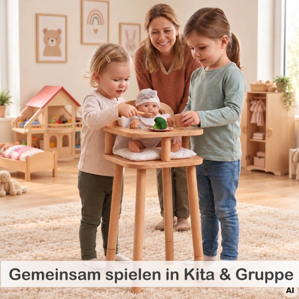 Kinder spielen gemeinsam mit dem Puppenhochstuhl aus Holz im Kita-Gruppenraum und stärken soziales Miteinander