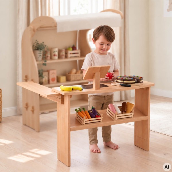 Spieltheke für Spielständer PAULA fördert Kommunikation, Rollenspiel und spielerisches Lernen beim Einkaufen und Verkaufen