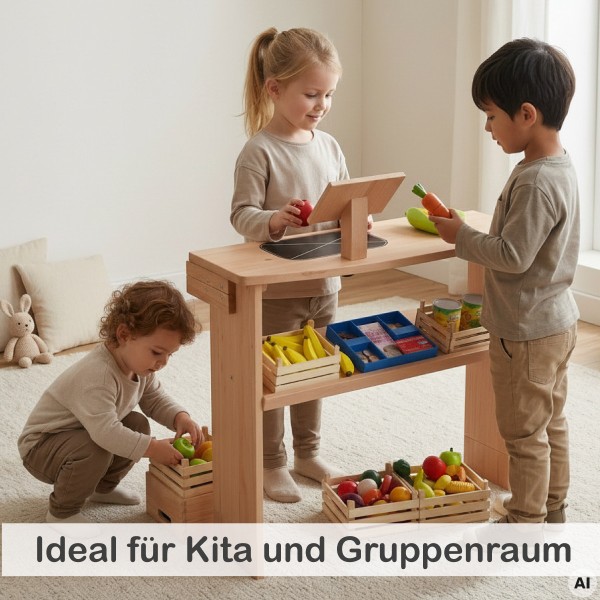 Kinder spielen gemeinsam an der Spieltheke mit Aufsatz im Kita-Gruppenraum – ideal für gemeinsames Rollenspiel