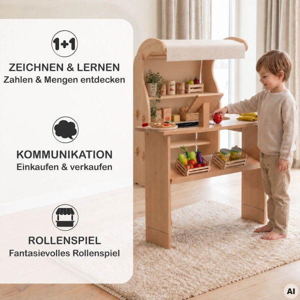 Kind spielt an der Spieltheke für Spielständer PAULA aus Erlenholz – viel Platz für kreatives Rollenspiel