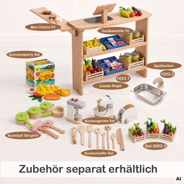Spieltheke mit Aufsatz mit separat erhältlichem Zubehör wie Spülbecken, Kochset, Spiellebensmitteln und Waage