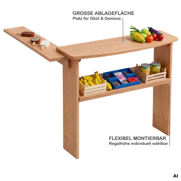 Spieltheke für Spielständer PAULA mit großer Ablagefläche, Regal und flexibel montierbarem Seitenteil