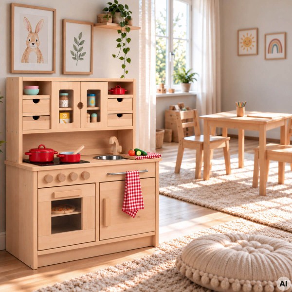 Kita Kinderküche Hänsel - Holz Kinderküche HÄNSEL aus Buchenholz harmonisch in einen hellen skandinavischen Wohn- und Spielbereich integriert.