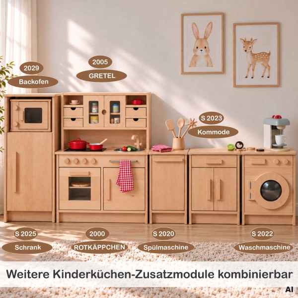 Kita Kinder Spielküche Hänsel - Holz Kinderküche HÄNSEL mit verschiedenen kombinierbaren Oberteilen und zusätzlichen Aufsätzen für mehr Stauraum.