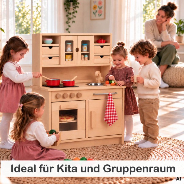 Kita Kinderküche HänselMehrere Kinder spielen gemeinsam an der Holz Kinderküche HÄNSEL im Gruppenraum und entdecken fantasievolle Rollenspiele.