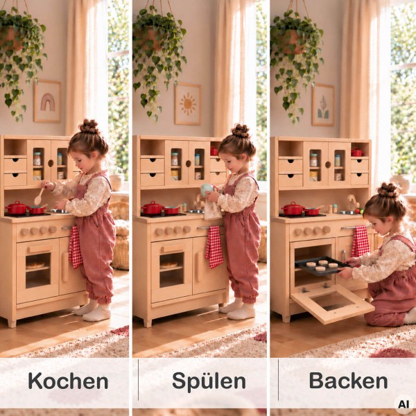 Mädchen entdeckt drei Spielmöglichkeiten an der Holz Kinderküche HÄNSEL: Kochen, Spülen und Backen.