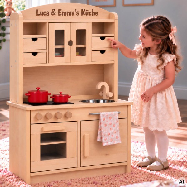 Personalisierte Holz Kinderküche HÄNSEL mit individueller Namensgravur am Aufsatz und spielendem Mädchen. - Kita