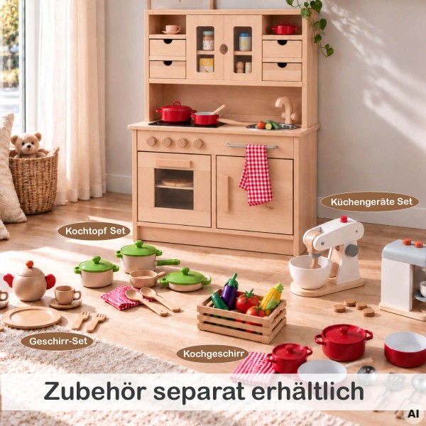 Kita Kinder Spielküche Hänsel - Holz Kinderküche HÄNSEL mit kombinierbaren Zusatzmodulen wie Kühlschrank, Waschmaschine und weiteren Küchenmöbeln.