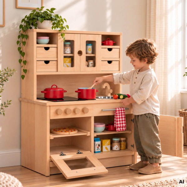 Junge kocht begeistert an der Holz Kinderküche HÄNSEL aus Buchenholz im hellen Kinderzimmer. - Kita Variante