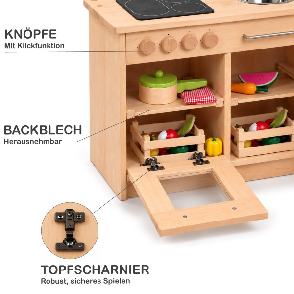 Geöffneter Backofen der Holz Kinderküche mit Acrylglas-Sichtfenster und herausnehmbarem Backblech aus Holz.