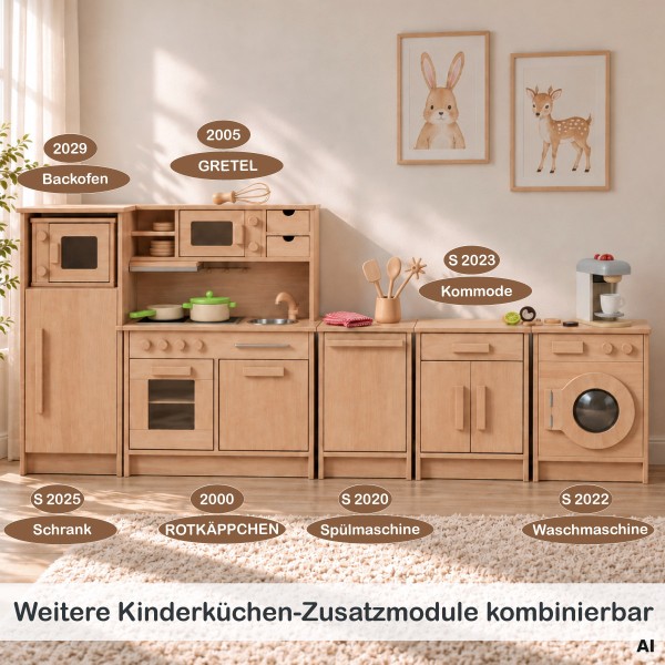 Holz Kinderküche GRETEL kombiniert mit passenden PEITZ-Küchenmodulen wie Schrank, Spülmaschine und Waschmaschine.