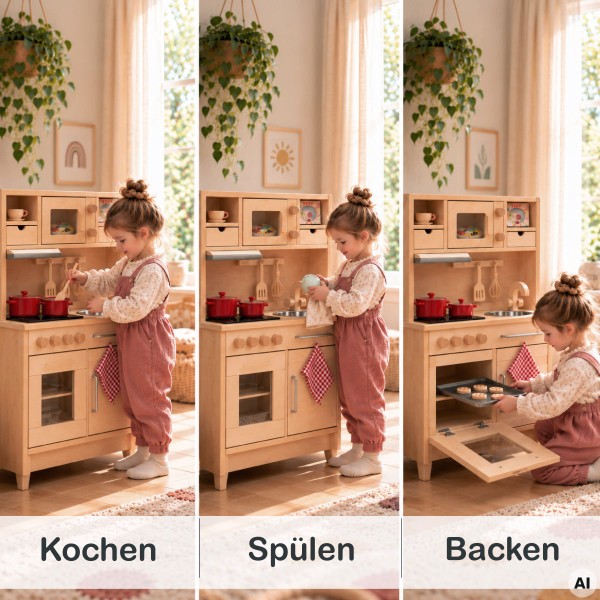 Drei Spielszenen an der Holz Kinderküche GRETEL zeigen Kinder beim Kochen, Spülen und Backen im Kinderzimmer.