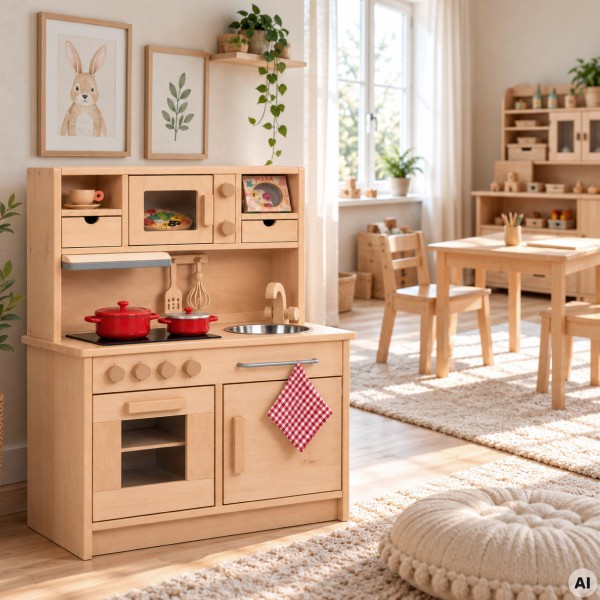 Holz Kinderküche GRETEL aus massiver Buche natur im hellen skandinavischen Kinderzimmer mit Holzmöbeln und Pflanzen.