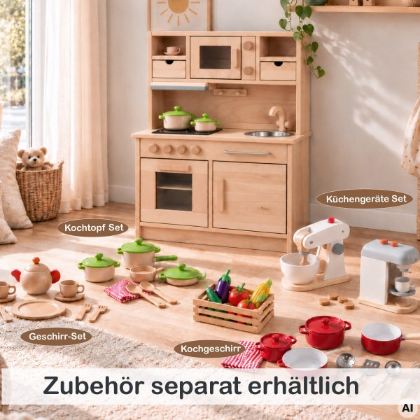 Holz Kinderküche GRETEL mit separat erhältlichem Zubehör wie Kochset, Geschirrset und Küchenutensilien für fantasievolles Rollenspiel.