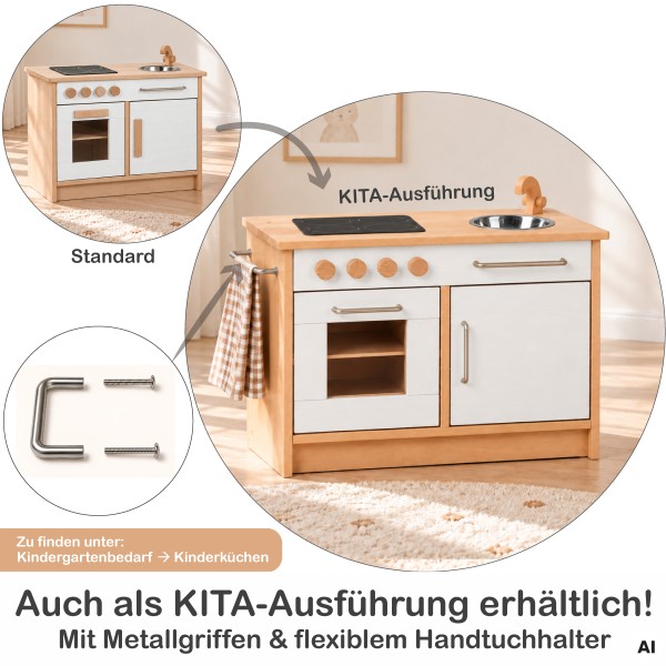 Holz Kinderküche HÄNSEL mit optionaler Kita-Ausführung, Metallgriffen und flexiblen Handtuchhaltern.