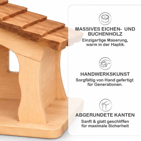 Detailaufnahme der handgefertigten Weihnachtskrippe aus massivem Eichen- und Buchenholz mit Dachschindeln und abgerundeten Kanten.