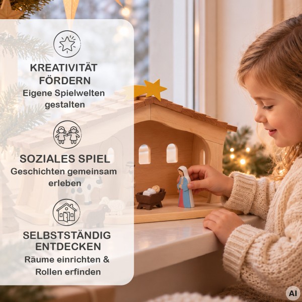 Kind spielt mit einer großen Weihnachtskrippe aus Naturholz im Waldorf-Stil, mit Dachschindeln und Holzfiguren.