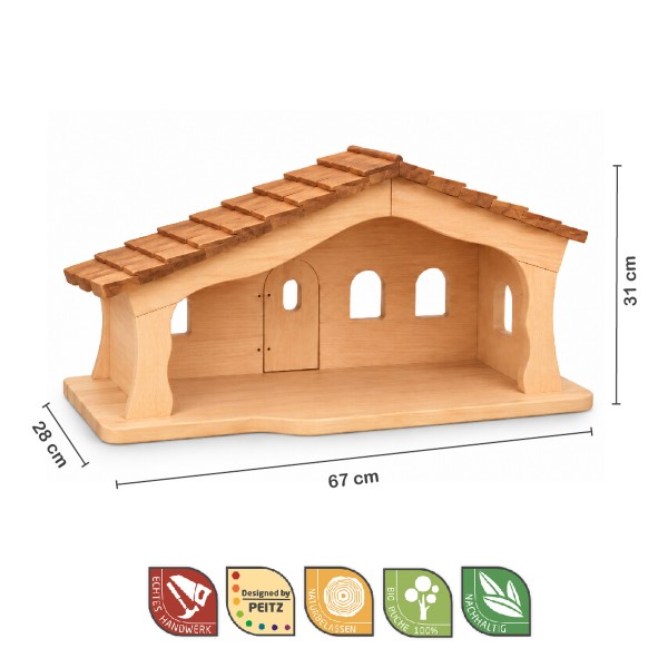 Große Weihnachtskrippe aus massivem Naturholz mit Dachschindeln im Waldorf-Design und Maßangaben.