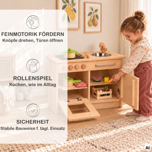 Holz Kinderküche fördert Feinmotorik, Rollenspiel und sicheres selbstständiges Spielen im Kinderzimmer