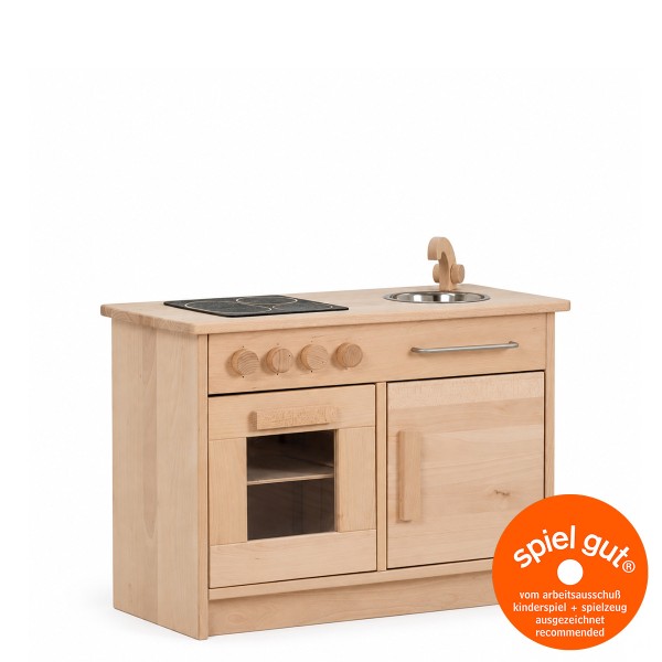Holz Kinderküche aus Buche natur mit Herd, Spüle, Backofen und Schrank freigestellt auf weißem Hintergrund