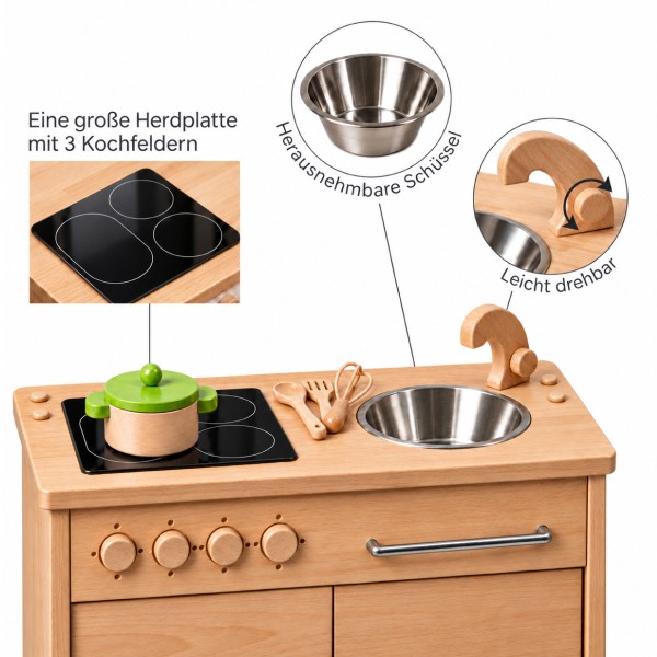 Holz Kinderküche mit Herdplatte, Edelstahlspüle, drehbarer Holzarmatur und herausnehmbarem Spülbecken