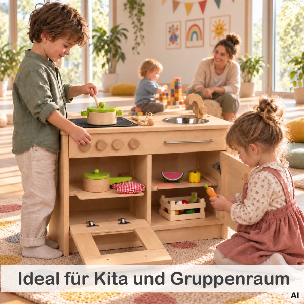 Kinder spielen gemeinsam an Holz Kinderküche in der Kita – ideal für Rollenspiel, Zusammenarbeit und Gruppenräume