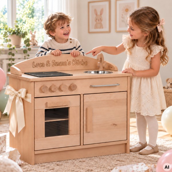 Personalisierte Holz Kinderküche mit Namensgravur Luca & Emma – besonderes Geschenk für gemeinsames Rollenspiel
