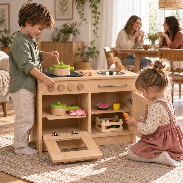 Kinder spielen an Holz Kinderküche - Eltern sitzen im Hintergrund trinken Kaffee