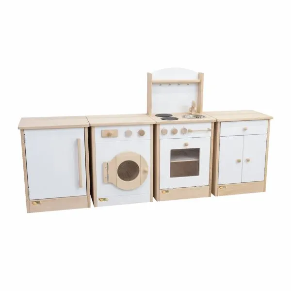 weiss-Kinder-Spiel-Küchenblock bestehend aus Waschmaschine Schrank und Küche aus massivem Buchenholz – komplette Küchenzeile für Kinder