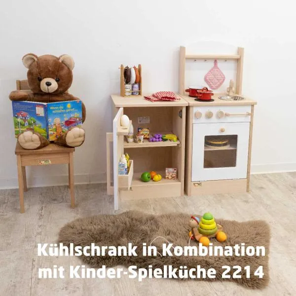 Kinder-Kühlschrank "Lars" mit Kinder-Herd, nachhaltiges Massivholz, weiß mit ganz viel tollem Spielzeug