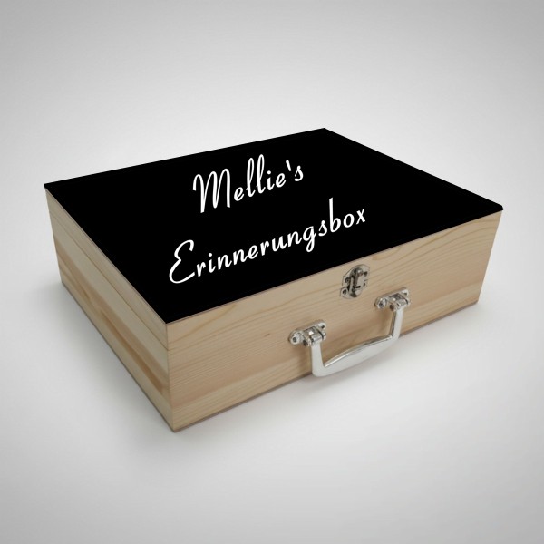 holzkiste mit Scharnier und Griff und Tafel