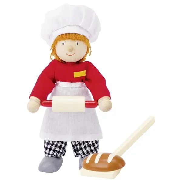 Goki Biegepuppe - Bäcker - Handwerk - 4-teilig Premium Rollenspiel - Puppe - Brotschieber - Teigrolle - Brot - Puppen-Zubehör – Puppenhaus – Puppenstube – Lernspielzeug