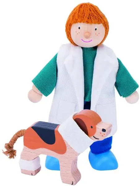Goki Biegepuppe - Tierärztin - Hund - Medizin Bereich - 2-teilig Premium Rollenspiel - Puppe - Hund mit Verband - Puppen-Zubehör – Puppenhaus – Puppenstube – Lernspielzeug