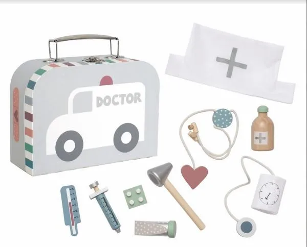Arztkoffer Holz für Kinder Spielzeug Doktorkoffer Blutdruckmessgerät Stethoskop 
