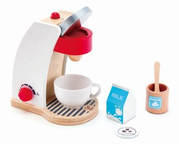 Kinder-Kaffeemaschine aus Holz mit Tasse, Milchtüte, Zuckerdose und Holzlöfel.