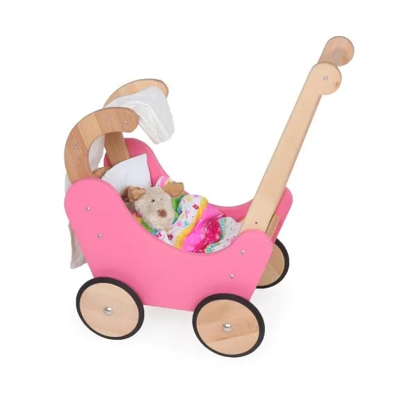Puppenwagen pink aus Holz | Lauflernwagen | Pädagogisch wertvolles Puppen-Spielzeug
