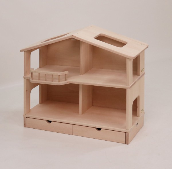 Komplettes Holz Puppenhaus mit geschlossenem Schubladen-Unterbau zur Erhöhung