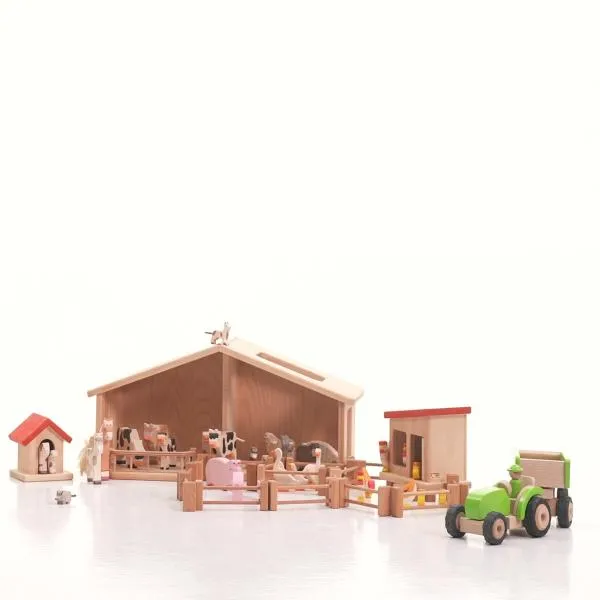 Puppenhaus-Bauernhof-Massivholz-Zaun-Traktor