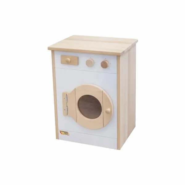 weiße Kinder-Waschmaschine aus massivem Buchenholz – Massivholz-Spiel-Waschmaschine als tolle Ergänzung für die Kinder-Spiel-Küche – mit Bullauge und Waschpulverfach
