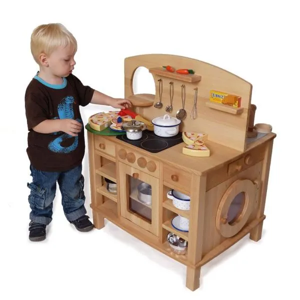 Kinder-Spiel-Küche 4-seitig natur bespielbar aus massivem Buchenholz, stabil und robust im Aufbau