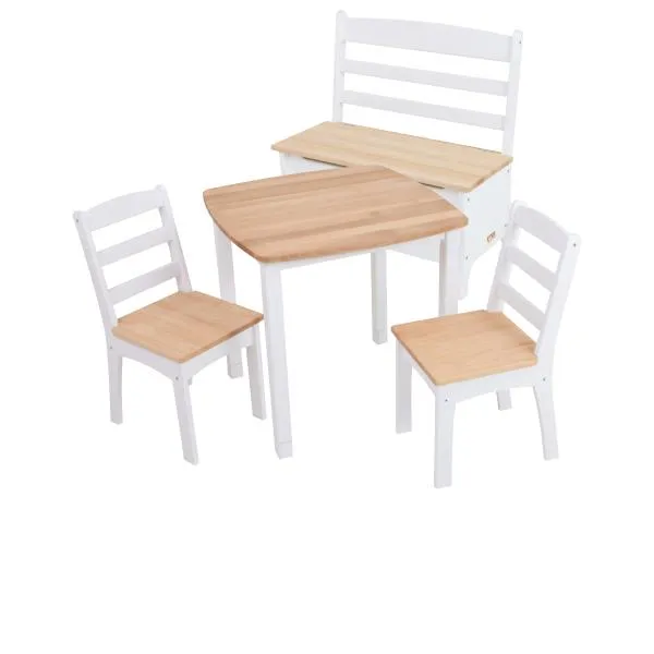 Weiße Kinder-Möbel aus Holz.Ein Tisch,zwei Stühle und eine Kinder-Truhenbank.