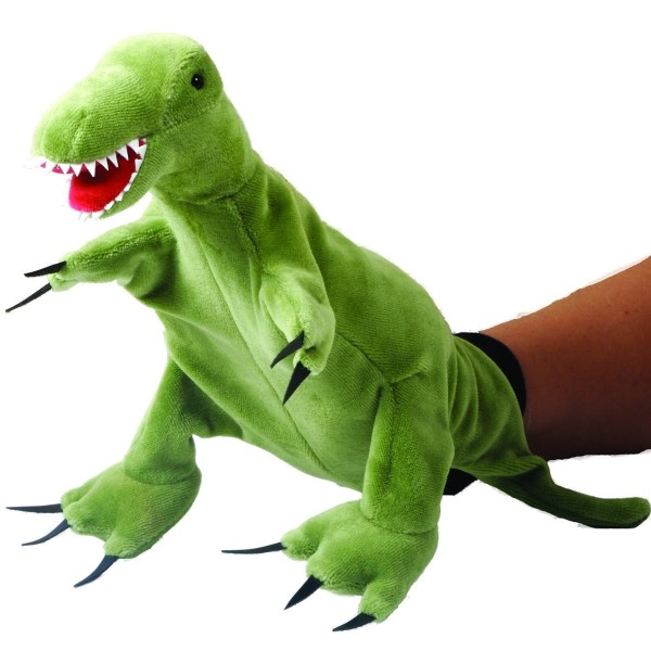 T-Rex Handpuppe als grüner Dinosaurier mit beweglichem Kopf und Beinen