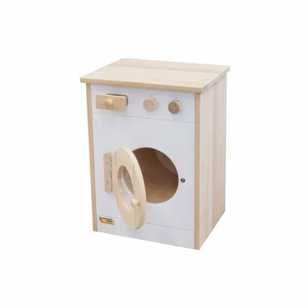 aus massivem Buchenholz gefertigte weiße Kinder-Waschmaschine – Spiel-Waschmaschine aus Massivholz - als tolle Ergänzung für die Kinder-Spiel-Küche – mit Bullauge und Waschpulverfach