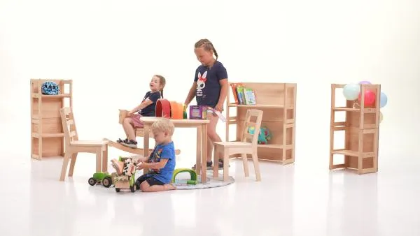 Stapelbar Kinder-Wende-Möbel-Set | Bank | 2 Stühle | Regalsystem 8039