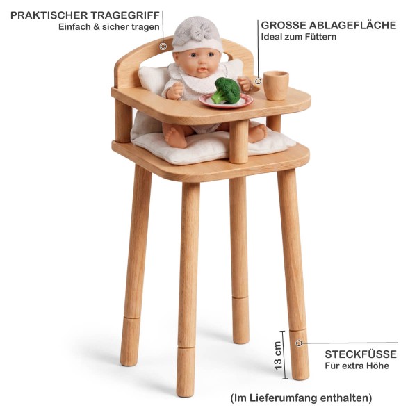 Puppenhochstuhl aus Holz mit praktischem Tragegriff, großer Ablagefläche und 13 cm Steckfüßen für zusätzliche Höhe